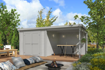 8711615182983 1060201 Outdoor Life Products Tuinhuis Blokhut met Overkapping Lars 500x250 Platinum Grey 2