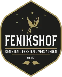 A logo with a black background, gold border, and a pesistik-shaped outline. At the top, a stylized dove with stars around it. The text reads 'FENIKSHOF' in large, white letters. Underneath, German words 'GENIETEN . FEESTEN . VERGADEREN' and 'est. 1971' wi