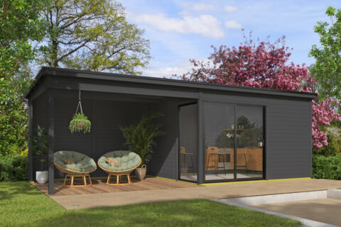 8711615183140 1060269 Outdoor Life Products Tuinhuis Blokhut met Overkapping Olivia 385x295 + Aanbouw Carbon Grey 2