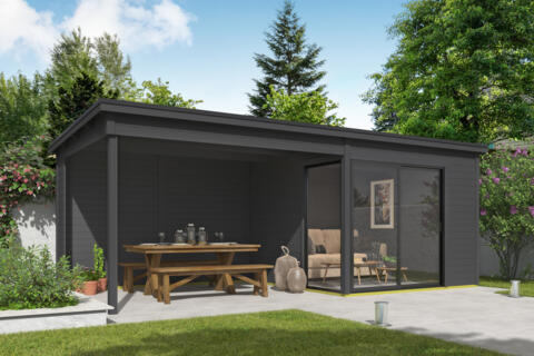 8711615183096 1060263 Outdoor Life Products Tuinhuis Blokhut met Overkapping Julia 295x295 + Aanbouw Carbon Grey 2