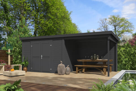 8711615183041 1060207 Outdoor Life Products Tuinhuis Blokhut met Overkapping Kjeld 550x250 Carbon Grey 2