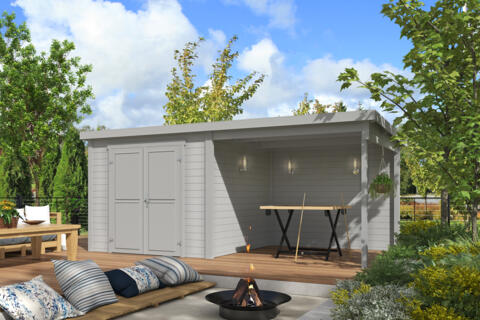 8711615182983 1060201 Outdoor Life Products Tuinhuis Blokhut met Overkapping Lars 500x250 Platinum Grey 2