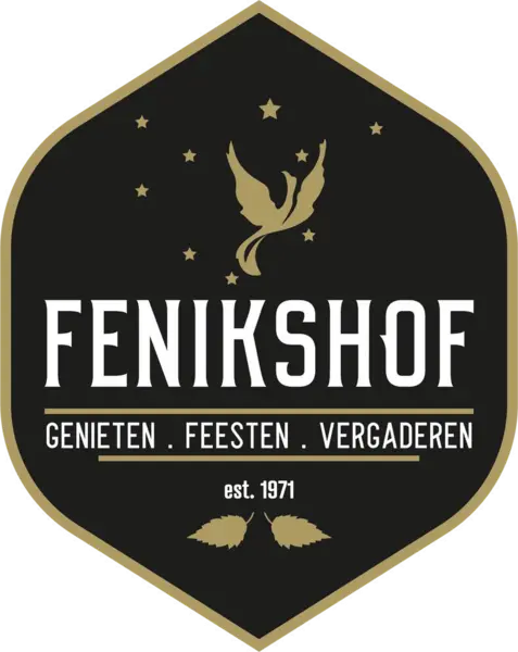 A logo with a black background, gold border, and a pesistik-shaped outline. At the top, a stylized dove with stars around it. The text reads 'FENIKSHOF' in large, white letters. Underneath, German words 'GENIETEN . FEESTEN . VERGADEREN' and 'est. 1971' wi