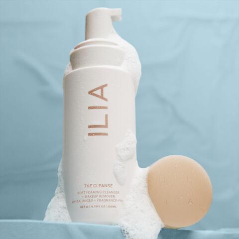 ILIA The Cleanse soft foaming cleanser and makeup remover bottle with foam