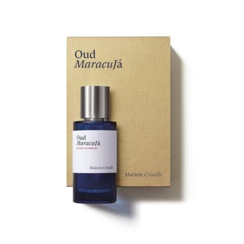 Maison Crivelli Oud Maracujá Extrait de Parfum bottle and gold box