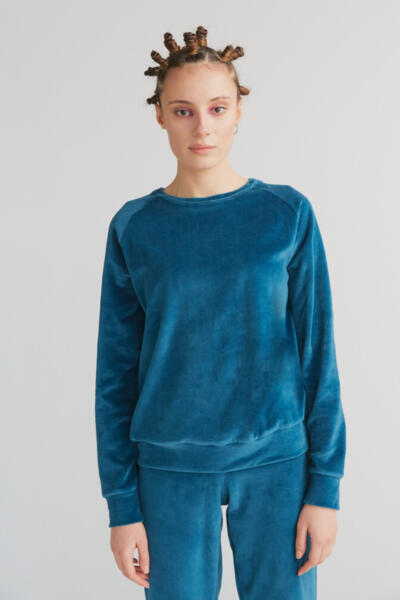 Damessweater bio velours, zeeblauw - LEELA COTTON