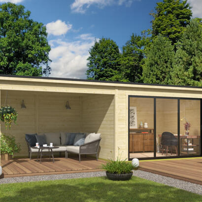 8711615183171 1060273 Outdoor Life Products Tuinhuis Blokhut met Overkapping Pernilla 385x295 + Aanbouw 2