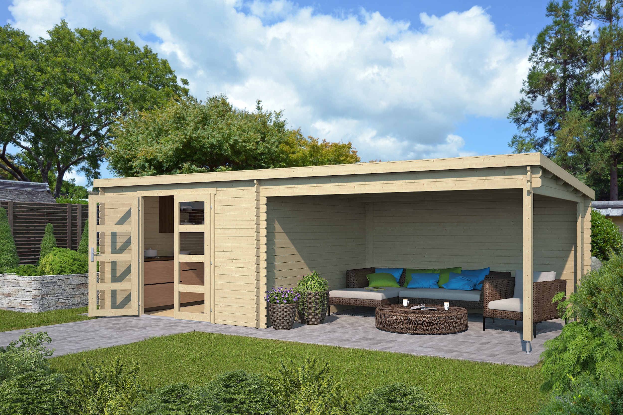 Blokhut met overkapping Olenka 710x330 Onbehandeld vuren