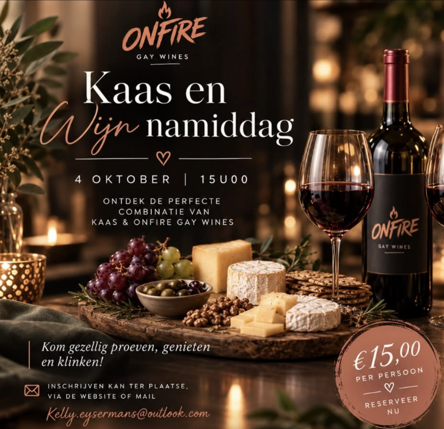 Kaas en wijnnamiddag in Vosselaar op 4 oktober 2026 bij OnFire