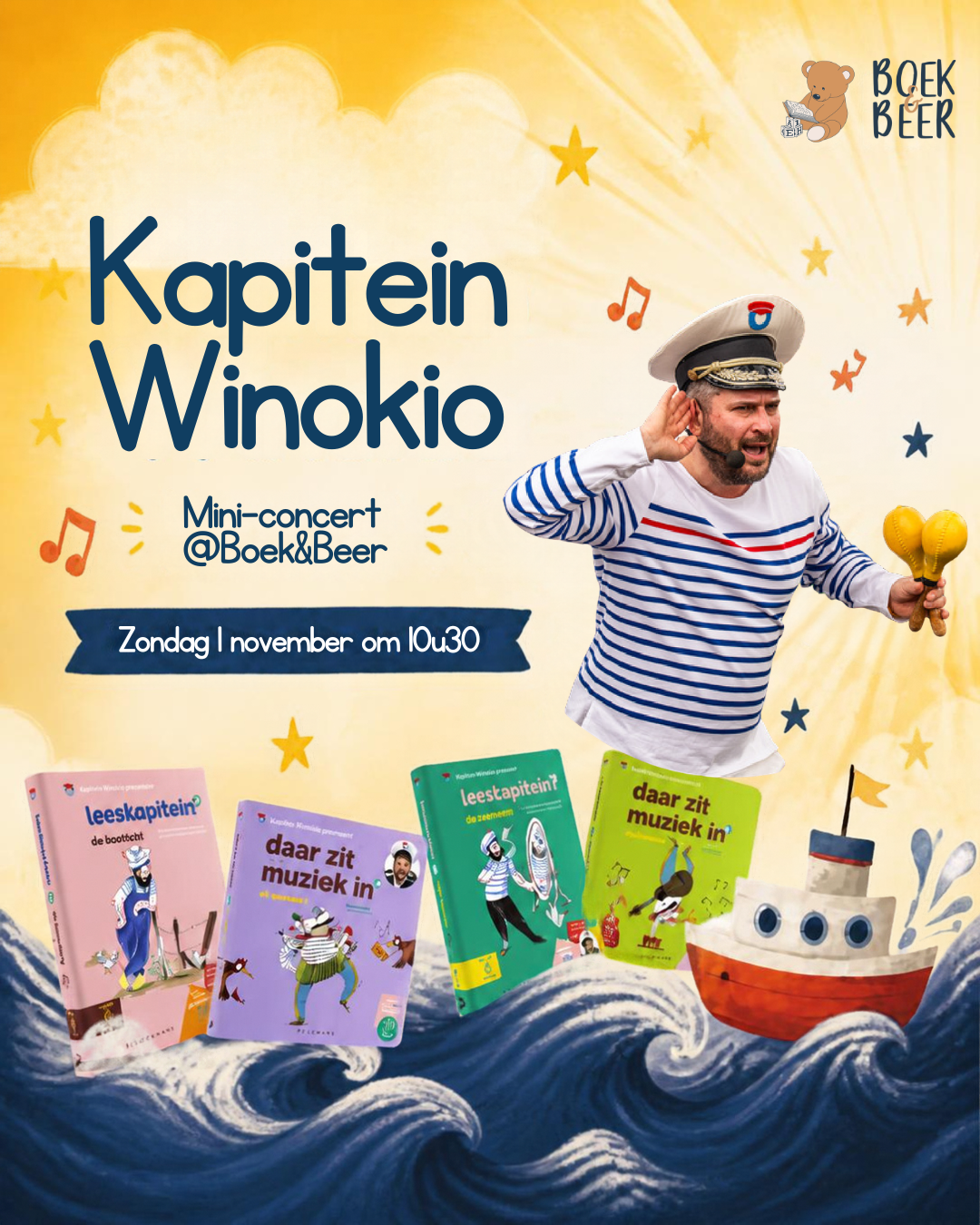 Zing en dans mee met Kapitein Winokio bij Boek&Beer in Brakel